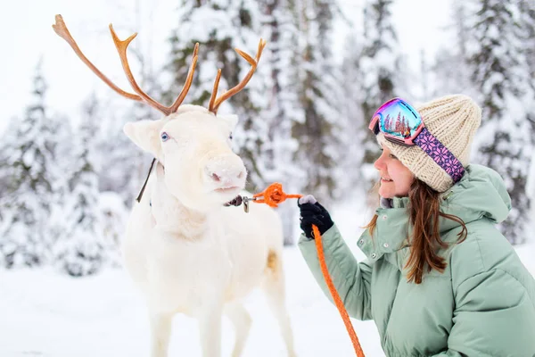 Mladá Žena Kráčí Bílými Soby Zimním Lese Laponsku Finsko — Stock fotografie