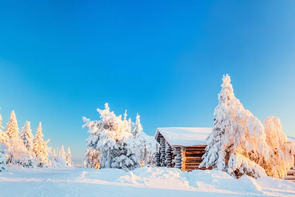 Όμορφο Χειμερινό Τοπίο Ξύλινη Καλύβα Και Χιονισμένα Δέντρα Στη Λαπωνία — Φωτογραφία Αρχείου