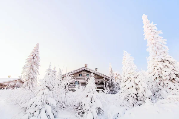 芬兰拉普兰美丽的冬季风景 有木制小屋和覆盖着积雪的树木 — 图库照片
