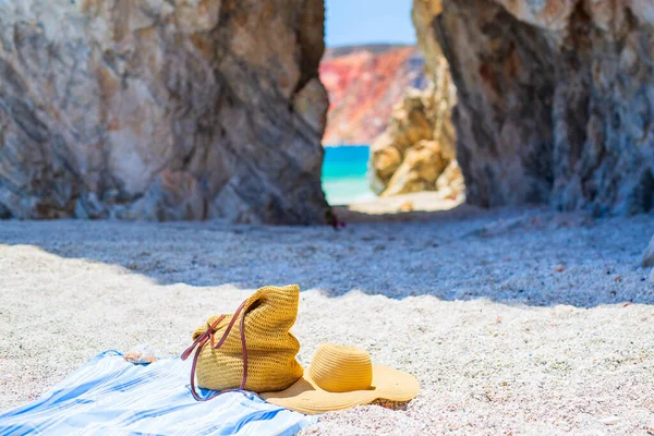 Bolso Paja Sombrero Hermosa Playa Grecia —  Fotos de Stock