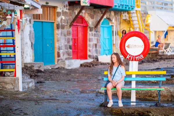 Adorable Teenage Girl Enjoying Visit Colorful Fishing Village Klima Island — Stock Photo, Image