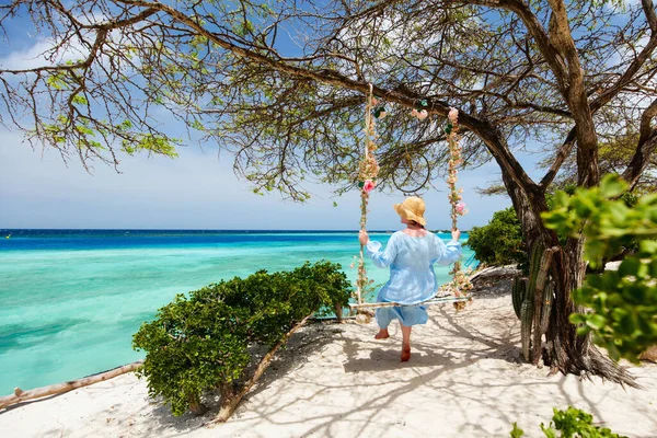 Back View Young Woman Swing Enjoying View White Sand Tropical — 图库照片