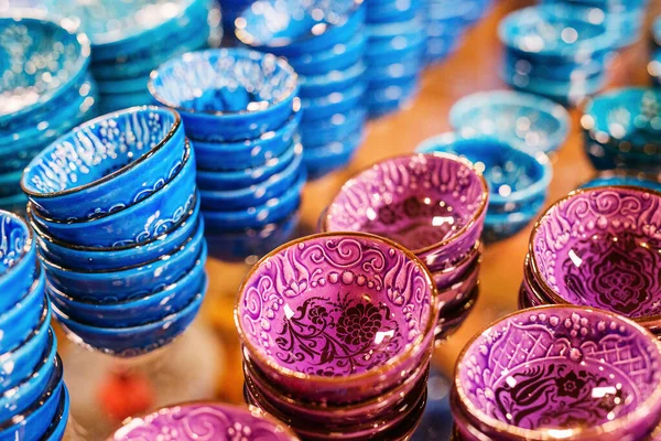 Colorful small ceramic dishes for sale in Avanos pottery village in Cappadocia Turkey