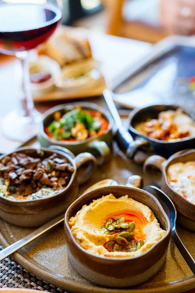 Selection Traditional Turkish Appetizers Including Hummus Pumpkin Seeds — Stock Fotó