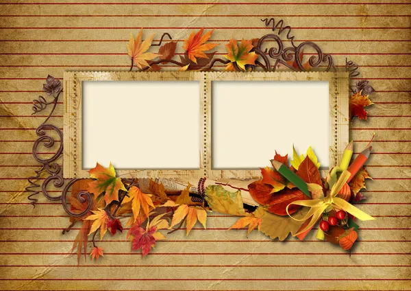 Vintage photo frame with autumn leaves and pencils — Stock Photo, Image