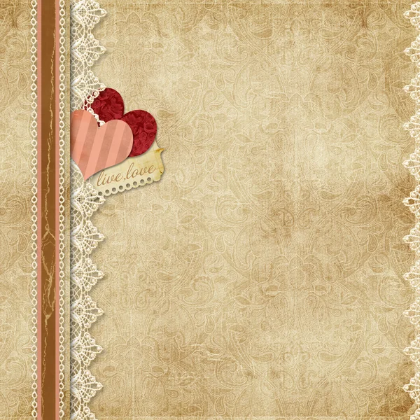 Gorgeous vintage background with lace and paper hearts — Stock Photo, Image