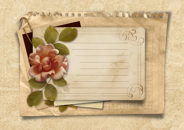 Vintage background with old postcard and rose — Stock Photo, Image