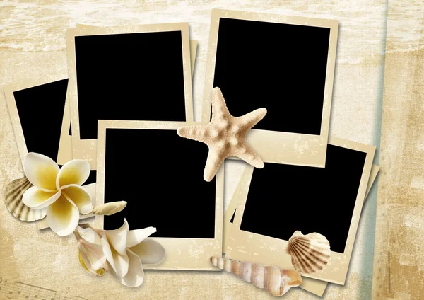 Vintage background with photo-frames and seashells — Stock Photo, Image