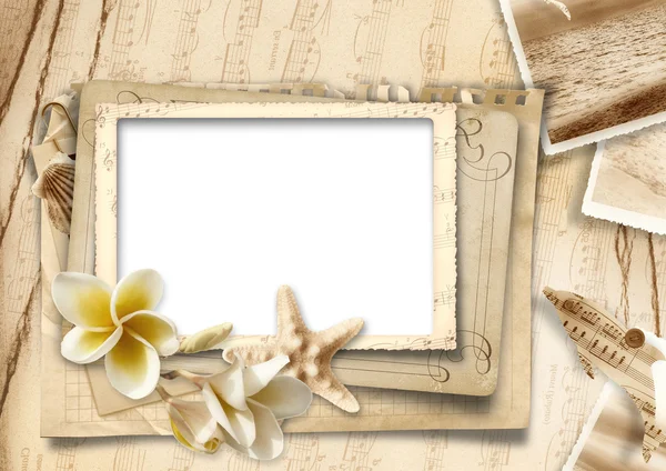 Vintage background with photo-frames and seashells — Stock Photo, Image
