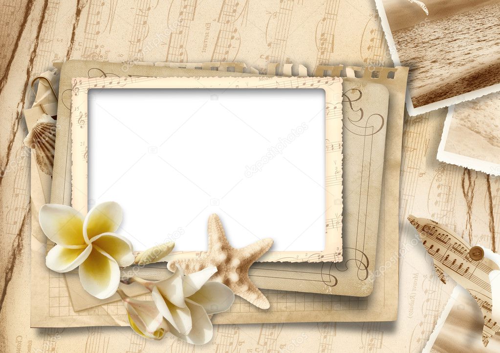 Vintage background with photo-frames and seashells