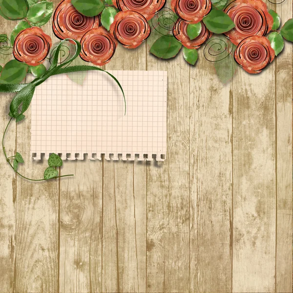 Oude houten achtergrond met papieren rozen en een plek voor tekst — Stockfoto