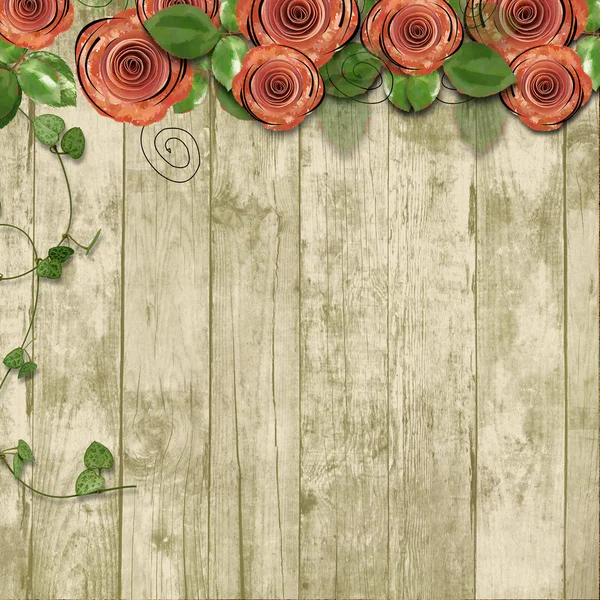 Antiguo fondo de madera con rosas de papel y con espacio para texto — Foto de Stock