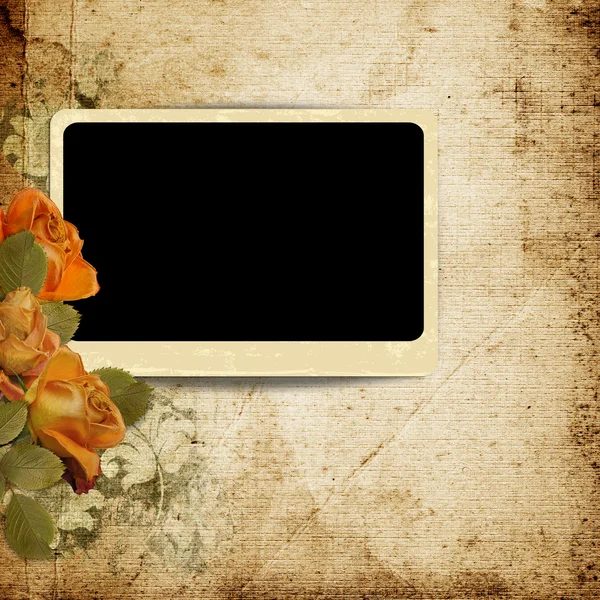 Vintage background with photo-frame and faded roses — Stock Photo, Image