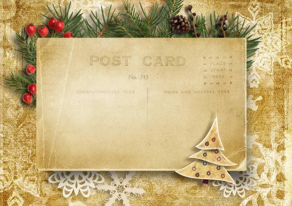 Kerst Achtergrond Vintage Ansichtkaart Met Firtree Hulst Kegel Groet Vakantiekaart — Stockfoto