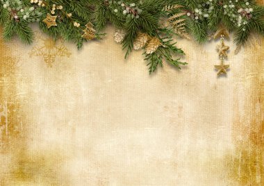 Noel arkaplanı. Köknar ağacı ve Noel süslemeleri olan eski bir kartpostal. Mutlu Noeller.