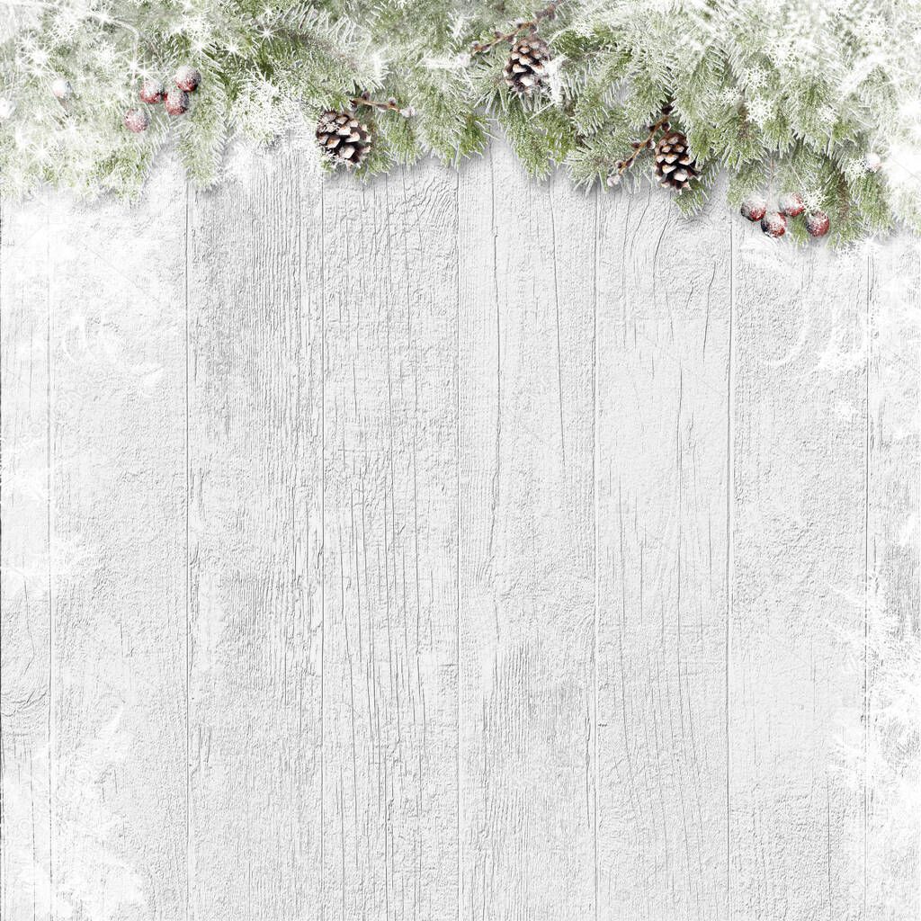 hristmas background. Snow firtree with cones and red berry on wooden white board. Greeting holiday card 