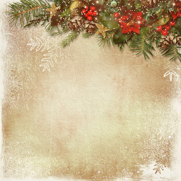 Weihnachtlicher Hintergrund Vintage Postkarte Mit Tannenbaum Und Weihnachtsschmuck Saisongrüße Stockfoto