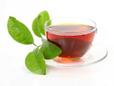 Kupa çay ve yeşil yaprak