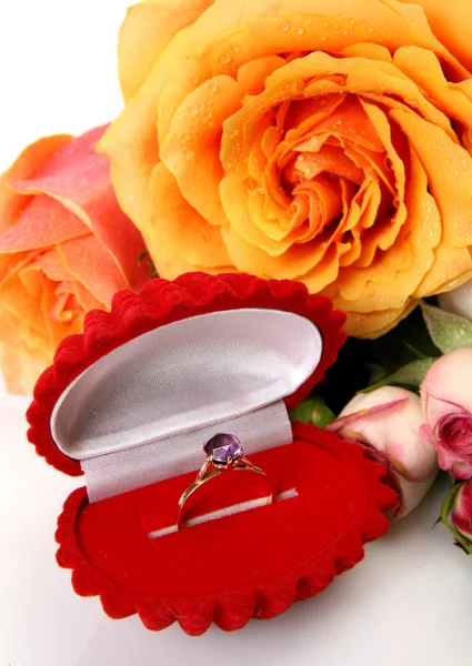 Zlatý prsten a růže — Stock fotografie