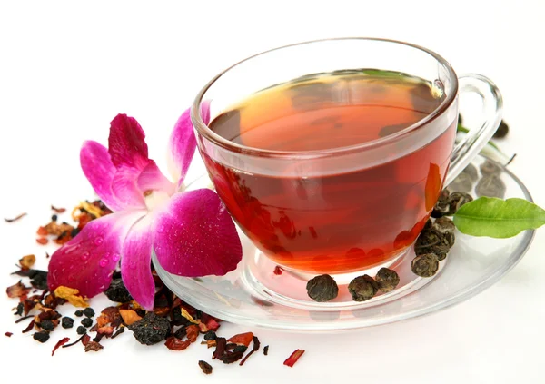 Tea and pink orchid — Stock Photo, Image