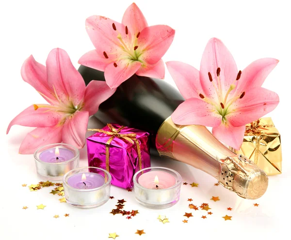 Champagne and pink lilies — Stock Photo, Image
