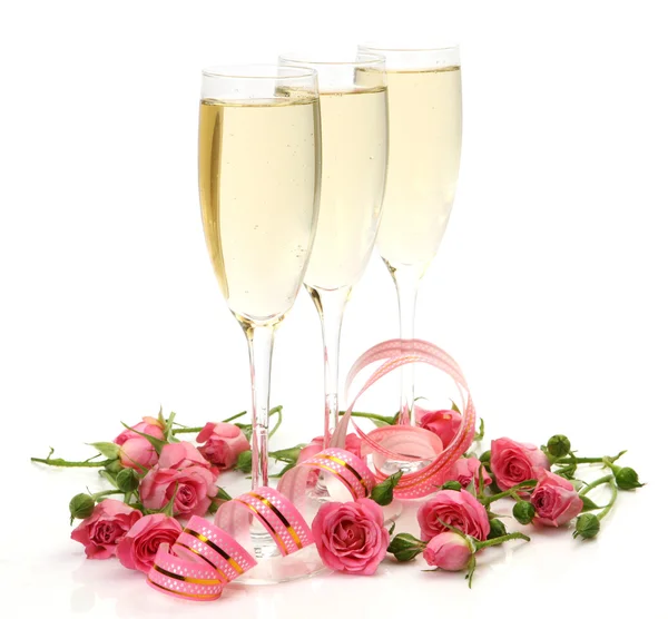 Champán y rosas rosadas — Foto de Stock