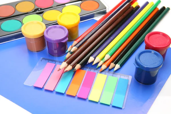 Color pencils and paints — Stock Photo, Image