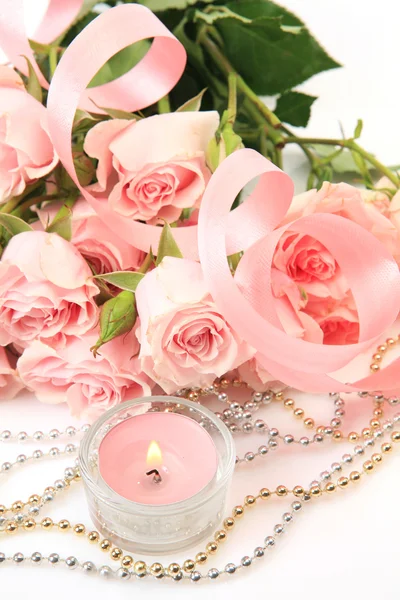 Fine roses and candle — Stock Photo, Image