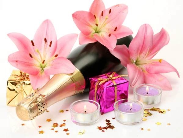 Champagne and pink lilies — Stock Photo, Image