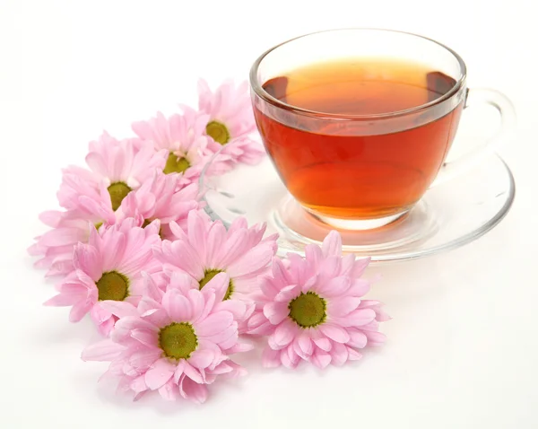 Té y flores rosadas — Foto de Stock