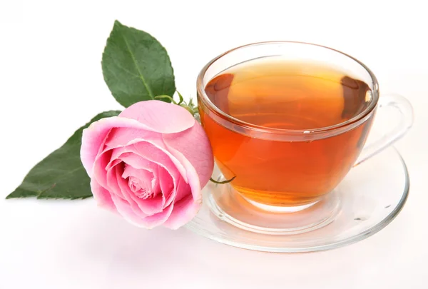 Tea and pink rose — Stock Photo, Image