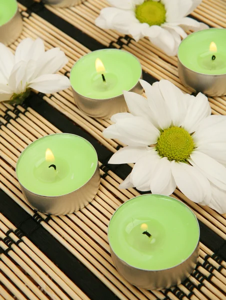 Flowers and burning candles — Stock Photo, Image