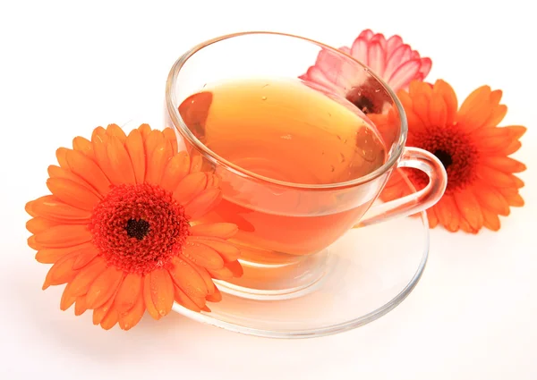 Tee in einem Becher und einer Blume — Stockfoto