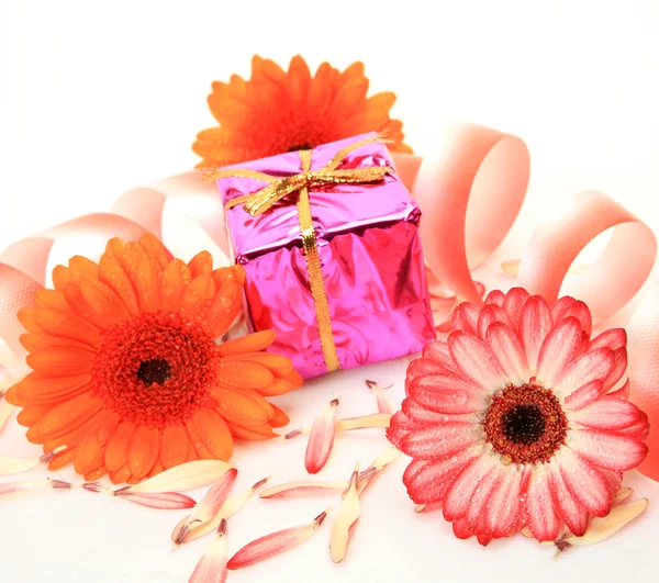 Box with a gift and flowers Royalty Free Stock Photos