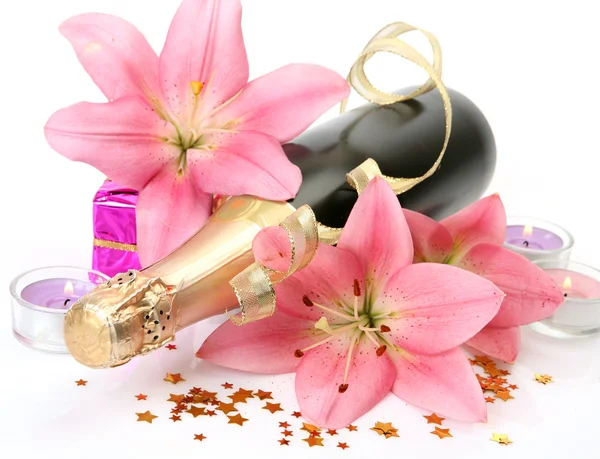 Champagne and pink lilies — Stock Photo, Image