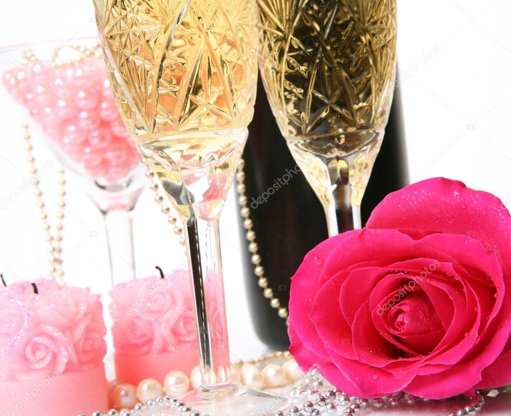 Champagne, candles, pearls and roses — Stock Photo © Elena777 32394209