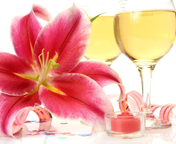 Wine and pink lily — Stock Photo, Image