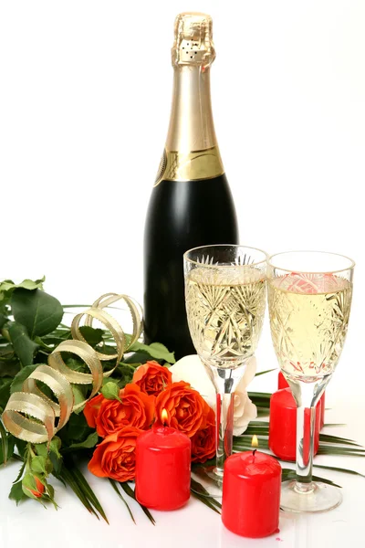 Champagne and roses — Stock Photo, Image