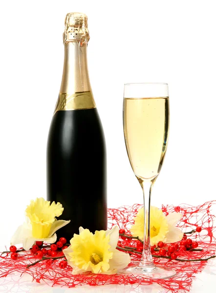 Champagne och blommor — Stockfoto