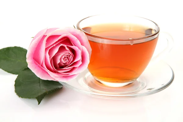 Tea and pink rose — Stock Photo, Image