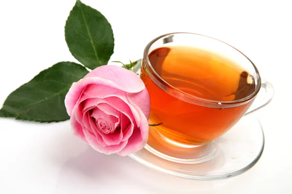 Tea and pink rose — Stock Photo, Image
