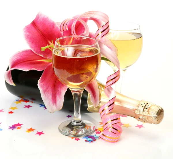 Champagne and pink lily — Stock Photo, Image
