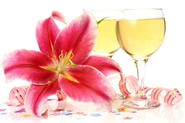 Champagne and pink lily — Stock Photo, Image