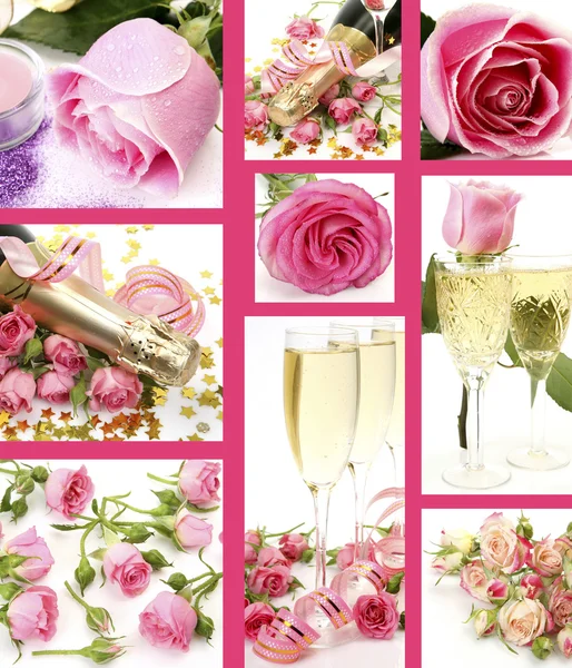 Champán y rosas rosadas — Foto de Stock