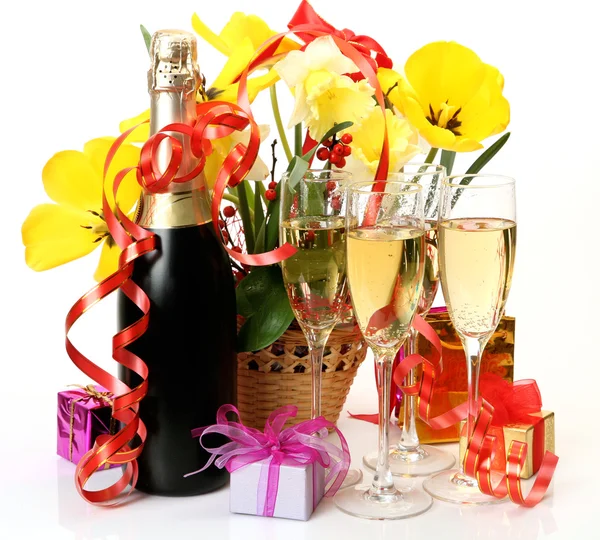 Champagne en bloemen — Stockfoto