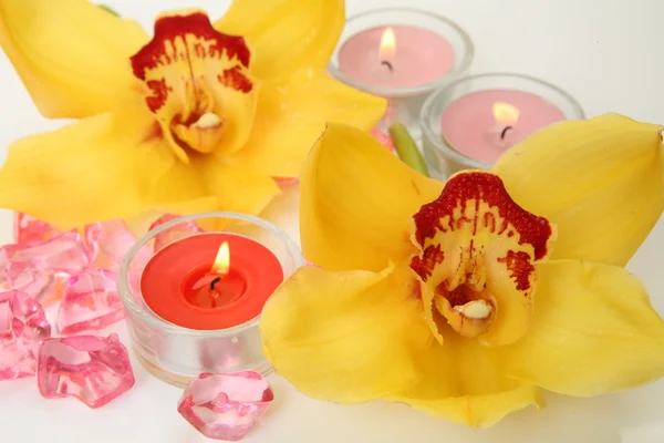 Yellow orchids and candles — Stock Photo, Image