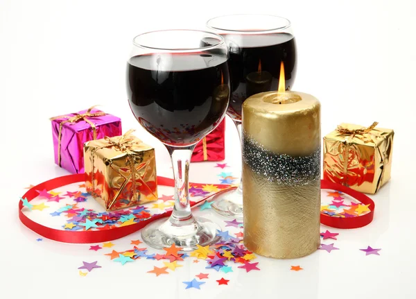 New Year's ornaments and wine — Stock Photo, Image