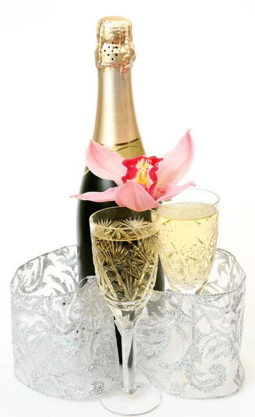 Champagne en bloemen Stockfoto