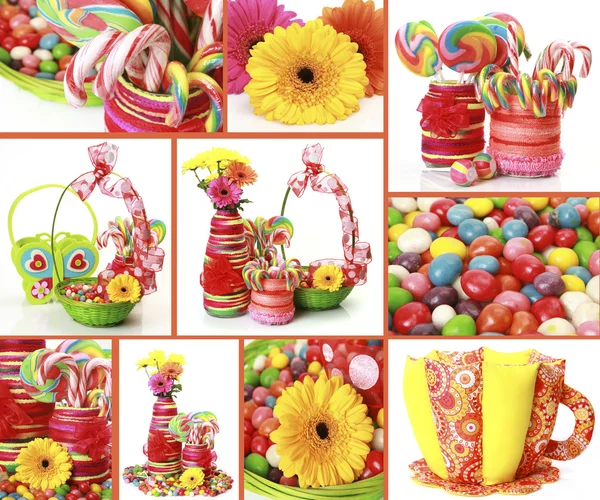 Bunte Blumen und leckere Süßigkeiten — Stockfoto