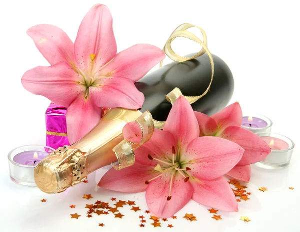 Champagne and pink lilies — Stock Photo, Image